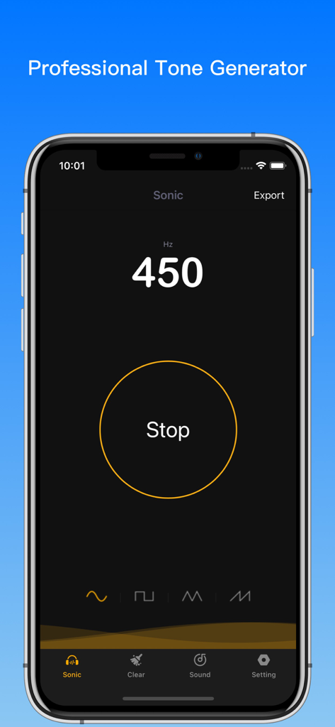 A professional tone generator interface showing a frequency of 450 Hz and waveform selections