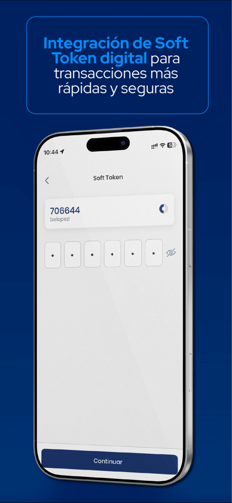 Pantalla de la aplicación CHN Movil mostrando la integración del Soft Token para transacciones bancarias digitales seguras