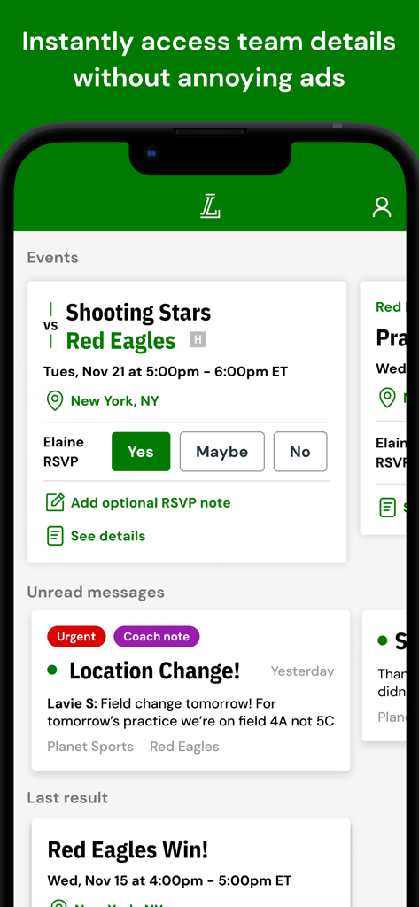 LeagueApps Play - LeagueApps Playアプリのダッシュボードには、チームイベントと緊急のコーチメッセージが表示されています