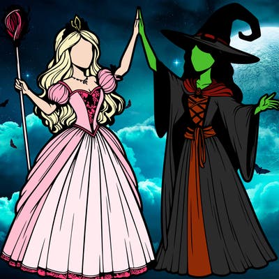 detailed realistic split of a princess and a witch