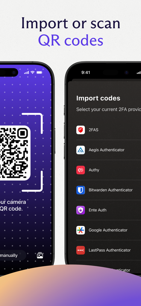 Proton Authenticator - Proton Authenticator interface showing QR code scanning and a list of providers for importing 2FA codes