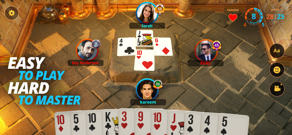 Tarneeb Masters - لعبة طرنيب - Mobile gameplay of Tarneeb Masters featuring four players in a strategic card match with an ancient themed background
