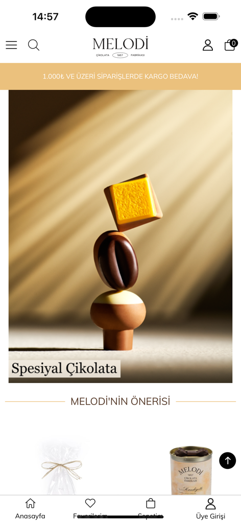 Melodi Cikolata - Tela inicial do aplicativo Melodi Cikolata apresentando chocolates artesanais e menu de navegação