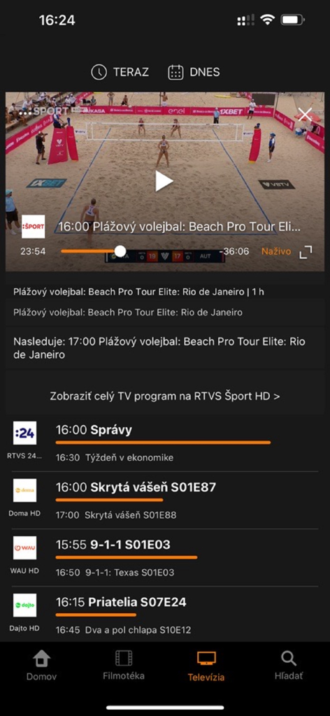 Orange TV app screen featuring a live beach volleyball match and a program guide for Slovak channels like RTVS 24 and Doma HD