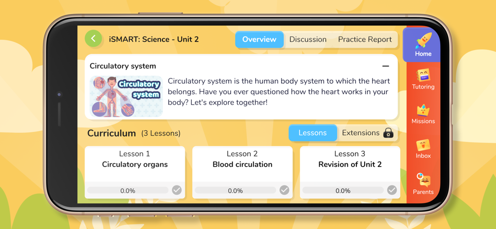 iSMART Pro - L'app iSMART Pro che mostra un'unità scientifica sul sistema circolatorio con un piano di studi di tre lezioni.