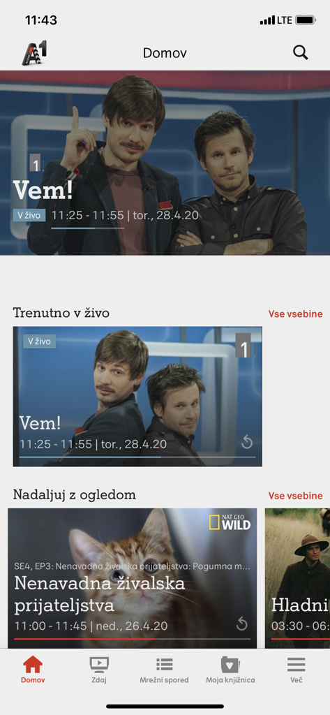 Home screen of the A1 Xplore TV Go app showing live Slovenian TV programs and featured content