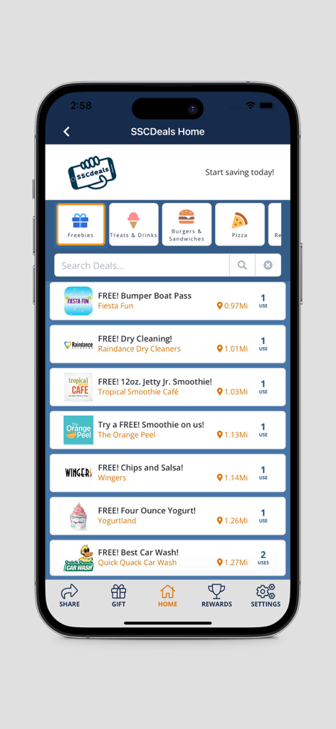 Exibição de smartphone do ecrã inicial da app Starving Student Card com ofertas locais gratuitas e categorias de ofertas