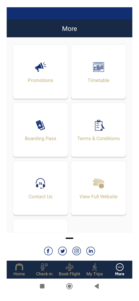 Nile Air - Nile Air Mobile App „Mehr“-Bildschirm mit Symbolen für Aktionen, Bordkarte und Flugplan