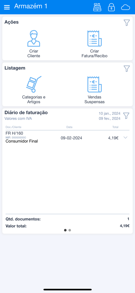 Dashboard da app Moloni Sales exibindo histórico de faturação e ferramentas de gestão de vendas