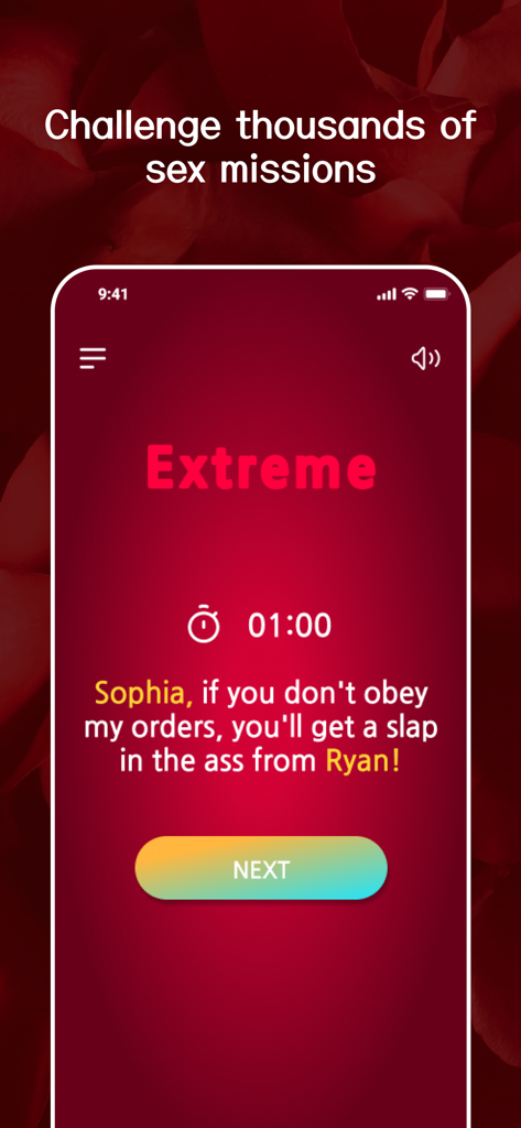 SexGame Truth or Dare - Interfaz de la aplicación Juego de Sexo Verdad o Reto que muestra una misión de dificultad extrema con un temporizador.