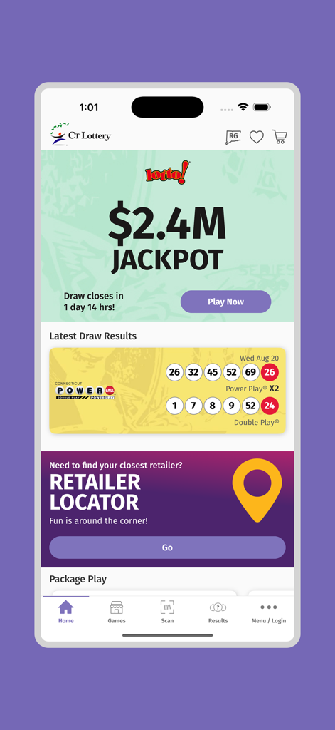 CT Lottery - Official CT Lottery app home screen showing jackpot and winning numbers