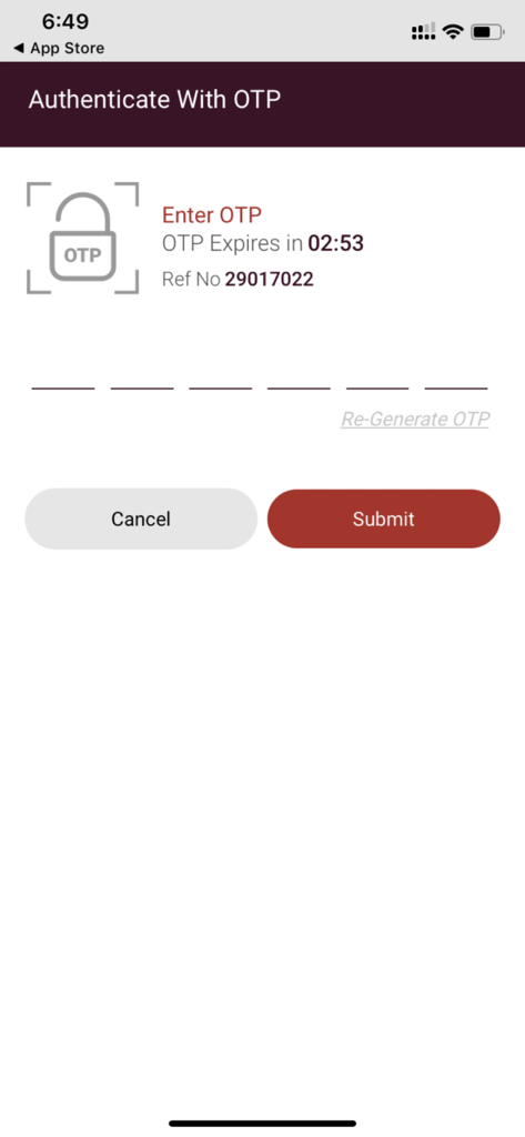 OTP authentication screen of the IPPB Mobile Banking app showing numeric input fields and a countdown timer
