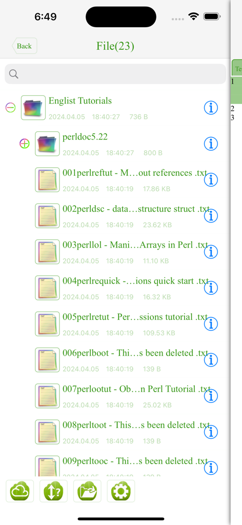 Perl IDE Fresh Edition - File manager interface in Perl IDE Fresh Edition showing a list of tutorial documents and folders.
