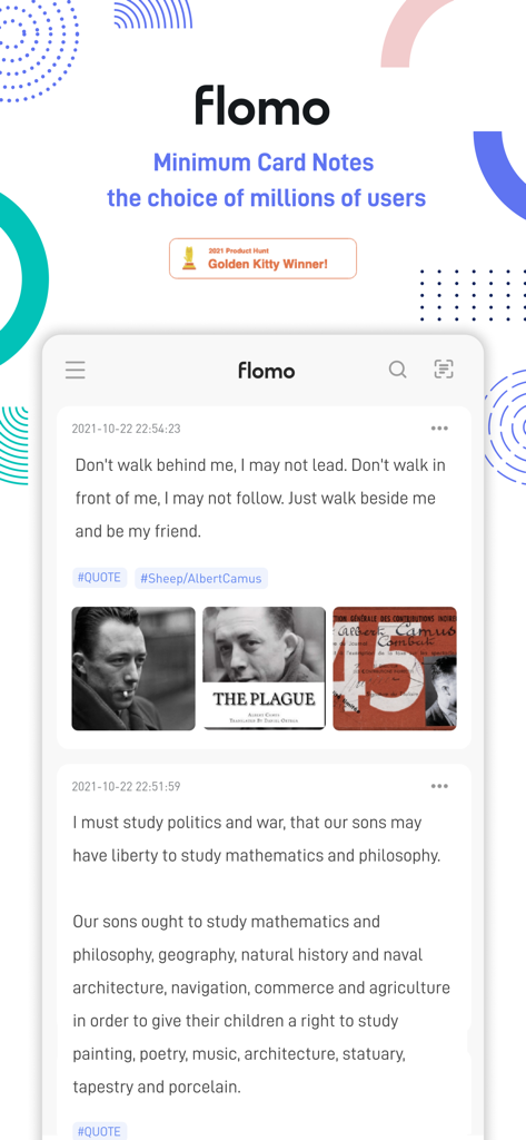 flomo浮墨-极简卡片笔记、轻便签与日记备忘 - Minimalist mobile interface of flomo app featuring card-style notes and image attachments