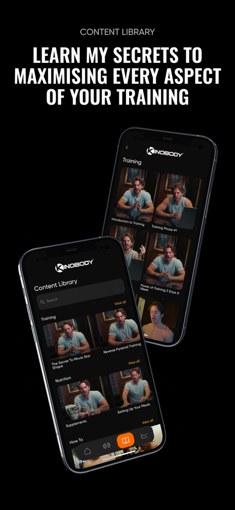 Kinobody Fitness - Kinobody fitness app content library featuring training and nutrition video lessons