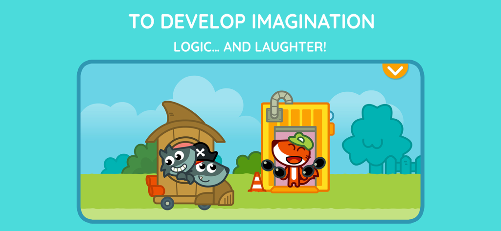 Pango Kids app screenshot featuring cartoon characters in a colorful interactive story scene.