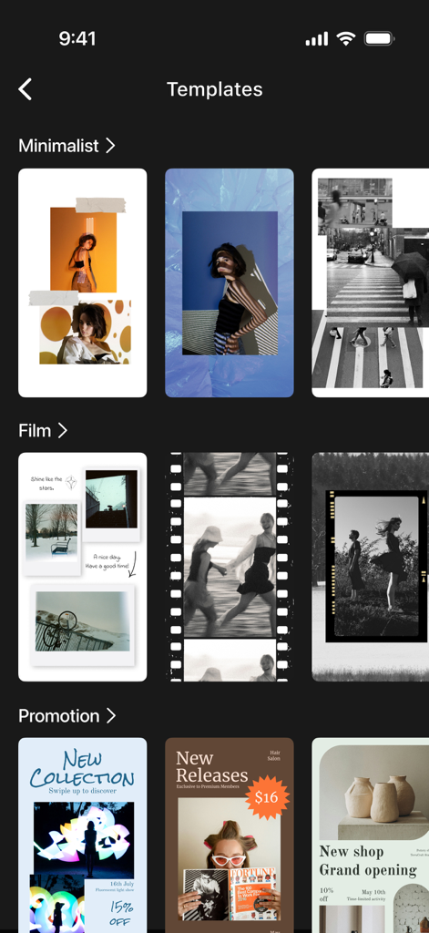 Selezione di modelli estetici per storie di Instagram, incluse le categorie Minimalista, Film e Promozione