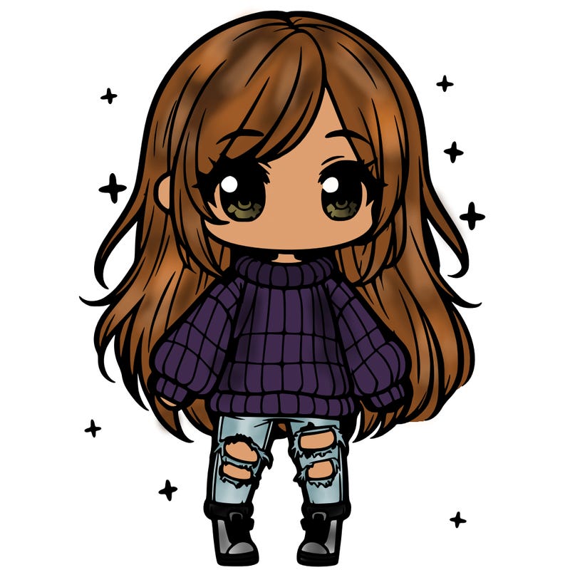 chibi girl with ripped jeans,long hair, and an oversized sweater