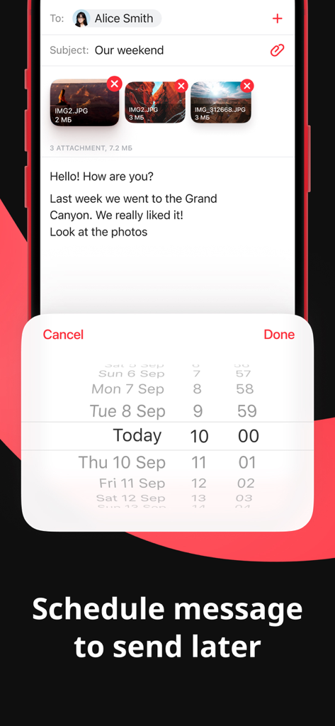 Interface of the myMail app showing the schedule message to send later feature with a date and time picker.