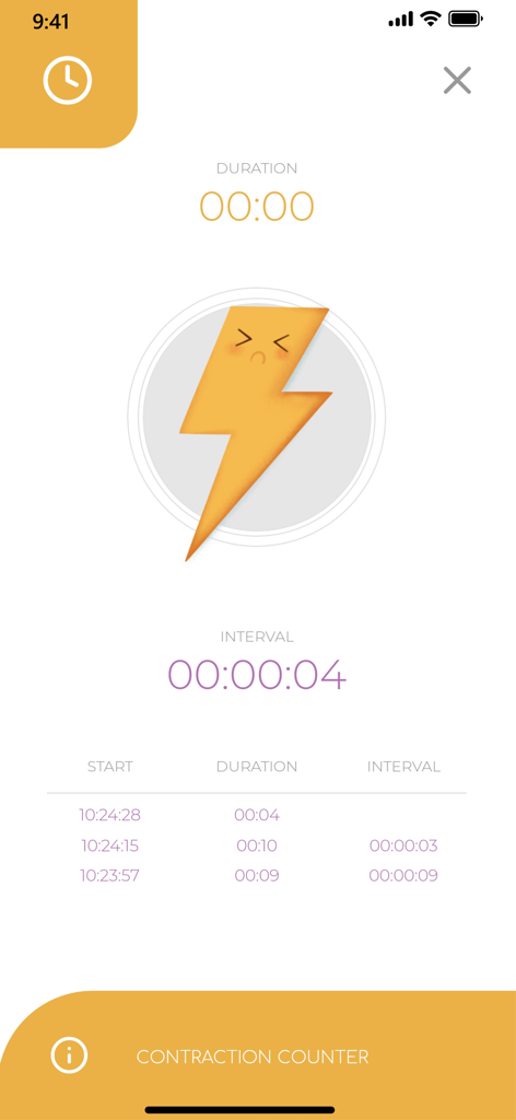 GAIA Pregnancy & Parenting - Interface of the GAIA pregnancy app contraction counter tracking labor duration and intervals
