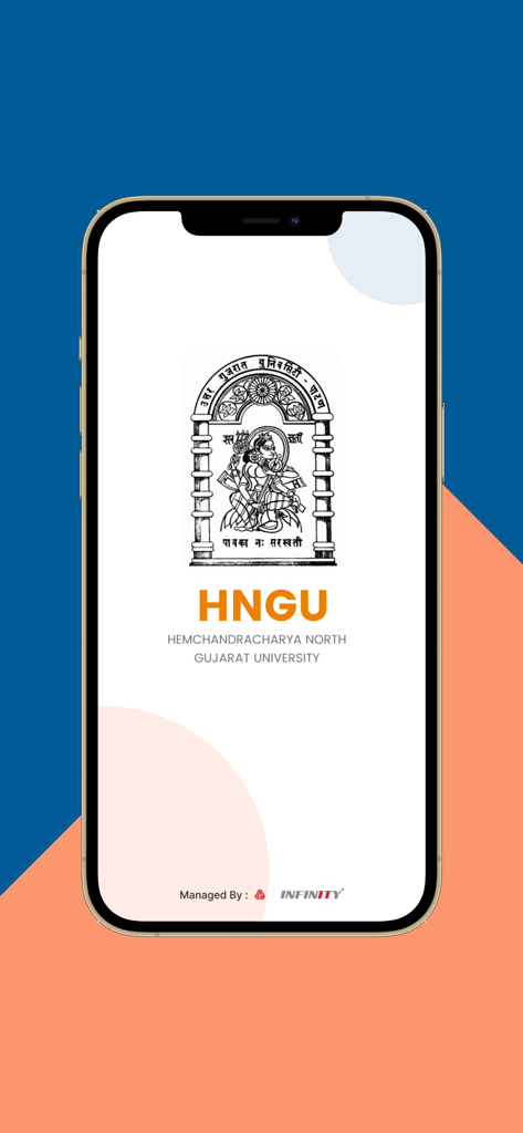 The splash screen of the HNGU Official mobile app showing the Hemchandracharya North Gujarat University logo