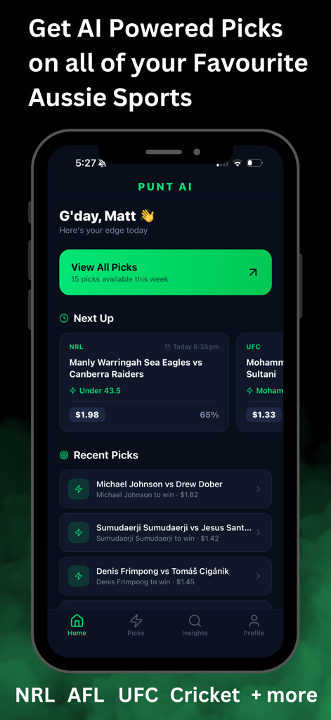 PuntAI: Aussie Sport Analytics - PuntAI mobile app dashboard displaying AI-powered betting picks for Australian sports like NRL and AFL