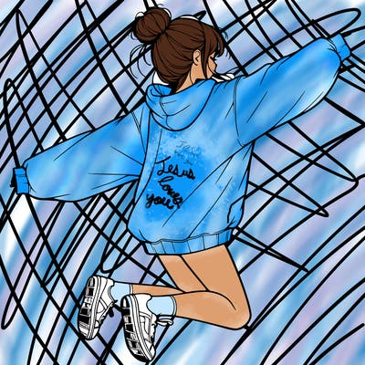 realistic girl jumping with a bun and oversized sweatshirt