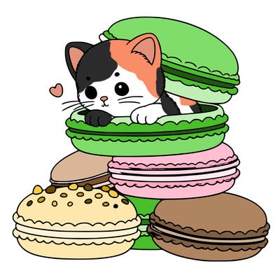 a kitten popping out of a stack of pastel macarons