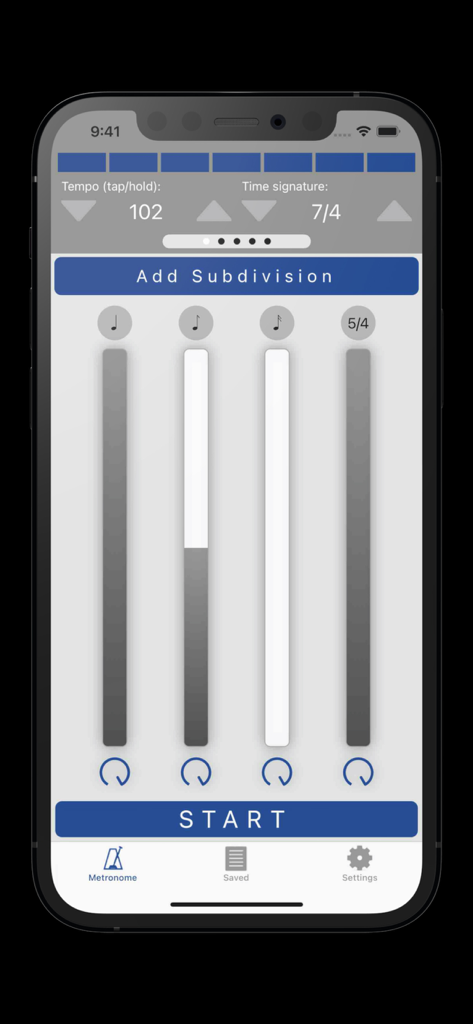 Metronomics Metronome - Metronomics Metronome app interface showing tempo settings and rhythmic subdivisions