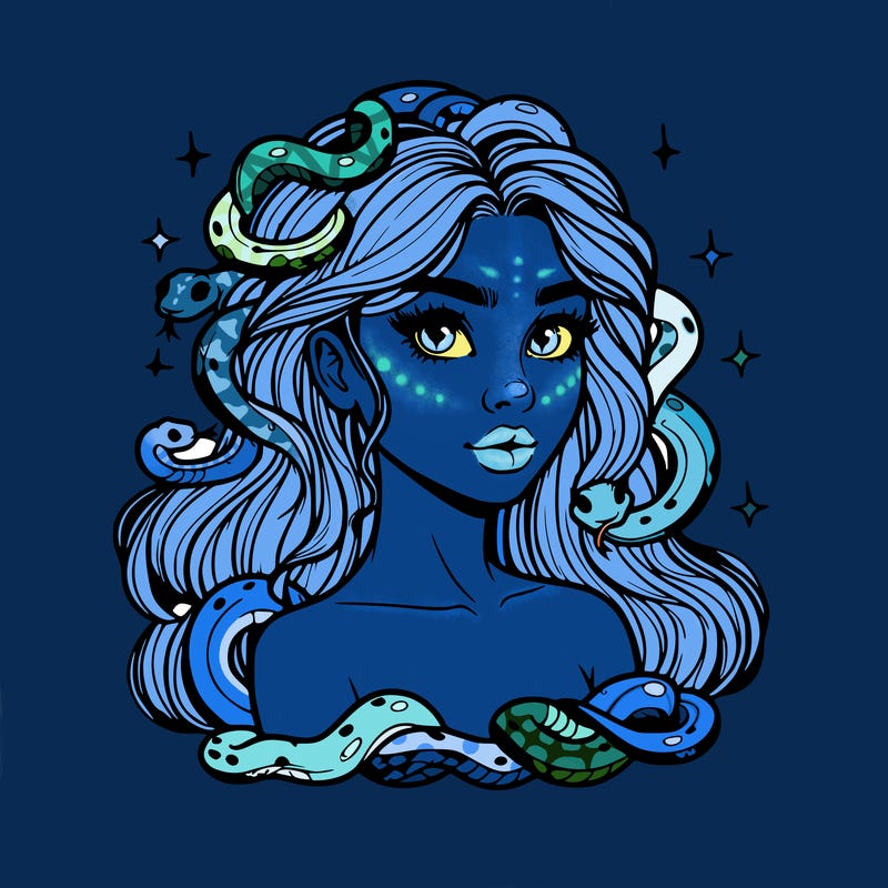 realistic girl with snakes as hair