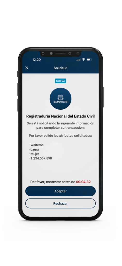 Cedula Digital Colombia - Cedula Digital Colombiaからのモバイルアプリケーション画面で、取引リクエストと個人身元確認の詳細が表示されています。