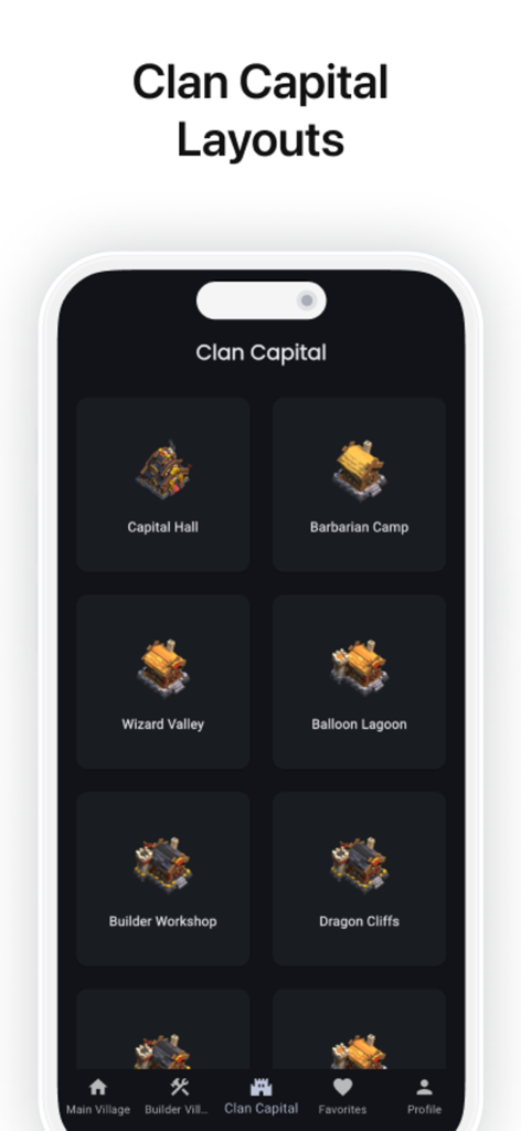 Interface do aplicativo Coc Studio mostrando opções de layout para distritos da Capital do Clã, incluindo Salão da Capital e Vale dos Feiticeiros.
