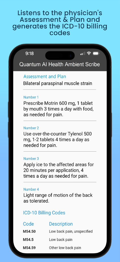 Interface de smartphone mostrando notas médicas geradas por IA e códigos de faturamento ICD 10 do aplicativo Quantum Health Ambient Scribe.