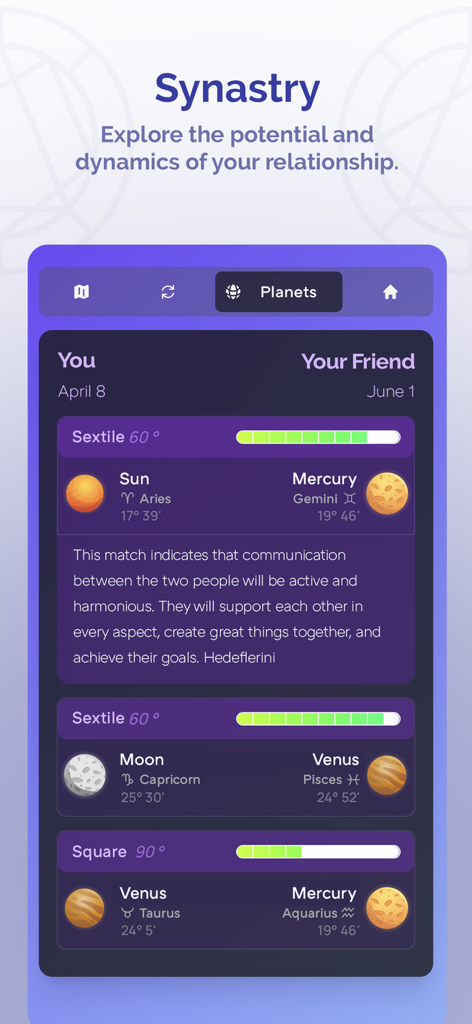 Ms Astro - Astrology - Ms Astroアプリで、2人の人々の間の人間関係のダイナミクスと惑星の配置を示す占星術の相性チャート。