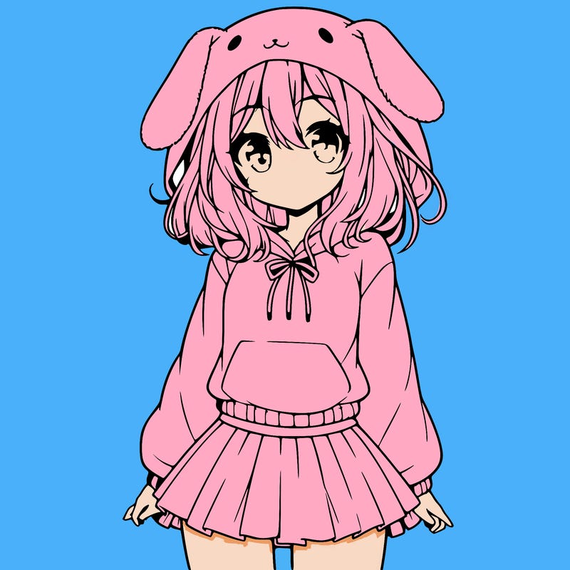 pretty anime girl wearing a fluffy hoodie with bunny ears on the hood and a skirt