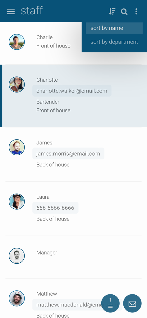 Findmyshift - Findmyshift app staff directory showing employee names roles and contact information
