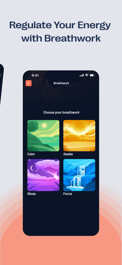 Zenoアプリの画面。 calm, awake, sleep, focus を含む呼吸法カテゴリを表示。