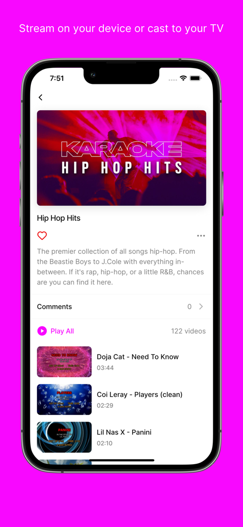 Karaoke on Demand - The Karaoke on Demand app showing a Hip Hop Hits song collection on a mobile device.