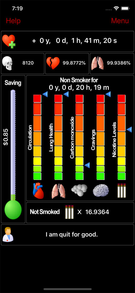 My Last Cigarette - Panel de la aplicación Mi Último Cigarrillo mostrando estadísticas de salud y métricas de progreso desde que se dejó de fumar