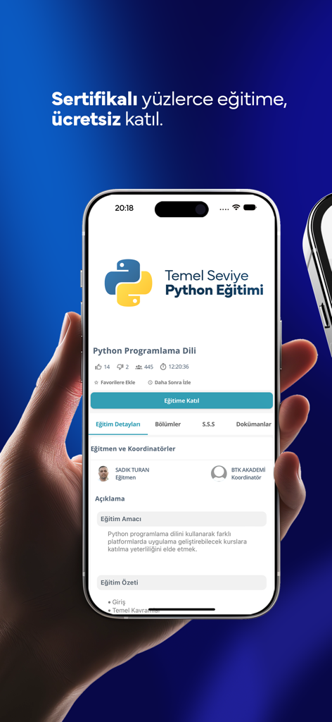 BTK Akademi - Smartphone showing a basic level Python programming course on the BTK Akademi app