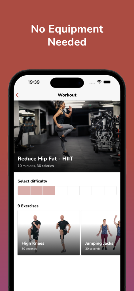 Schermata dell'app Hip Dips Workout che presenta una routine HIIT di 10 minuti per ridurre il grasso sui fianchi