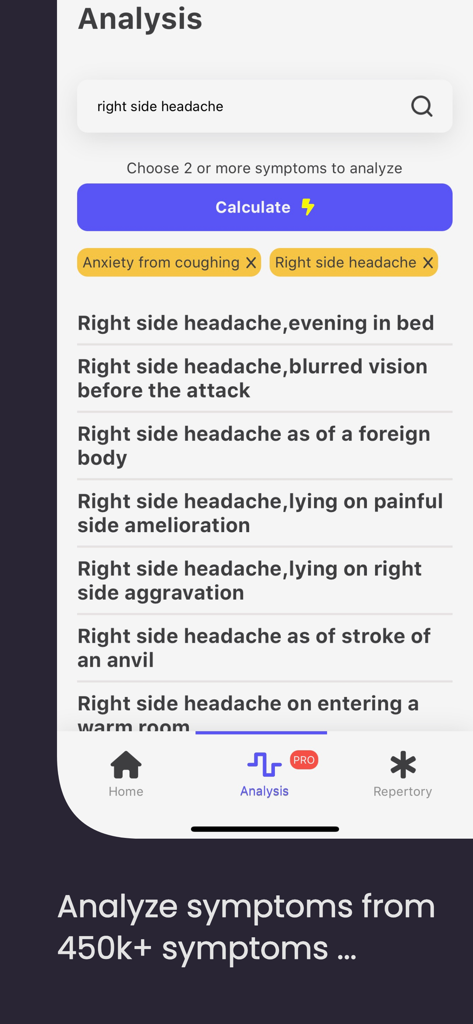 Healio Homeopathy - Healio Homeopathie App-Oberfläche zeigt Symptomanalyse für Kopfschmerzen auf der rechten Seite und Angstzustände durch Husten
