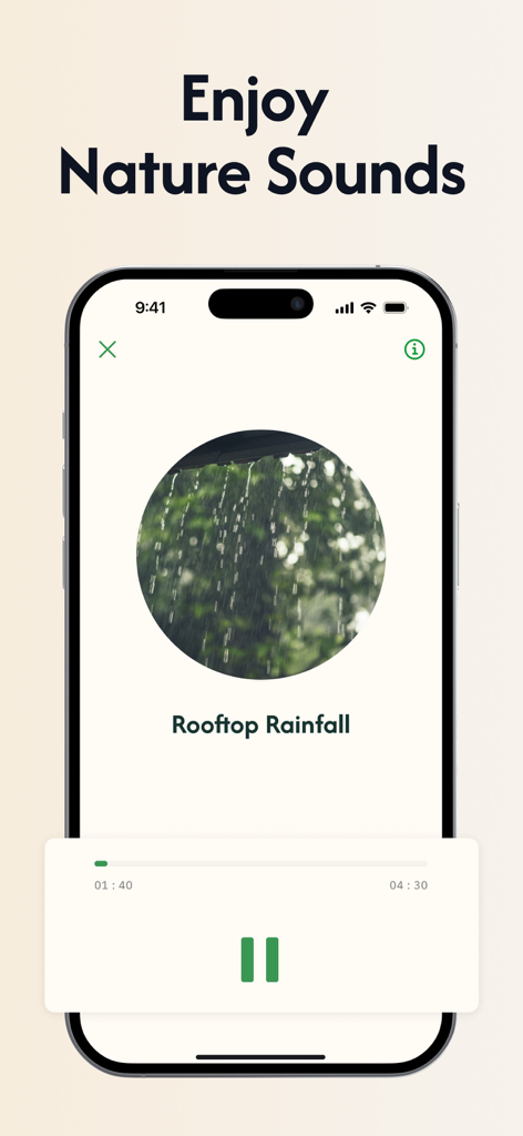 Daily Health - Healthy Routine - Daily Health app nature sounds feature showing rooftop rainfall player on iPhone