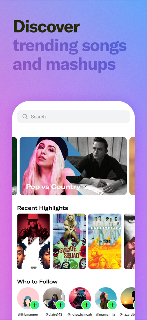 MashApp Music app interface showing trending songs mashups and recommended creators to follow