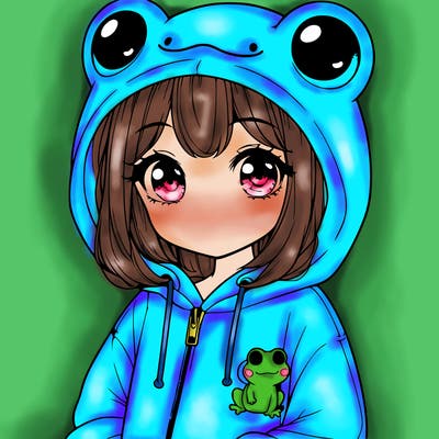 cute realistic girl in a froggy hoodie