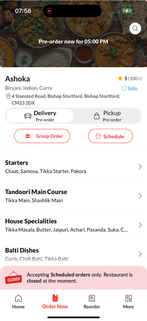 Ashoka. - Home screen of the Ashoka mobile app showing Indian food categories and delivery options