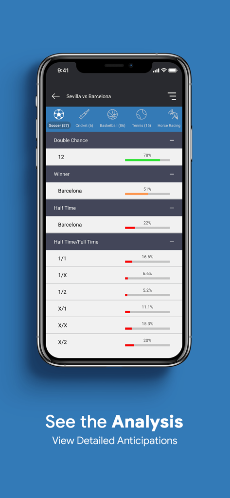 Sportus - Sportus app displaying detailed soccer match analysis and win probabilities.