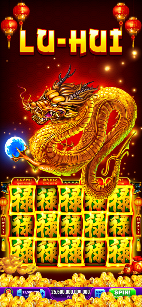 Gold Rich Casino - Vegas Slots - Pantalla de máquina tragaperras temática china con un gran dragón dorado y linternas rojas en Gold Rich Casino