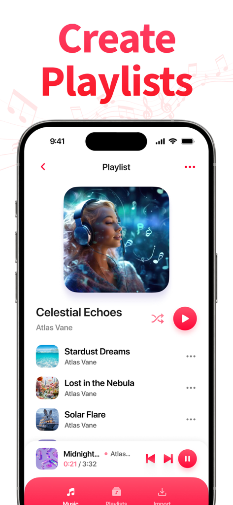 Interface showing the custom playlist creation feature in the Offline Music app