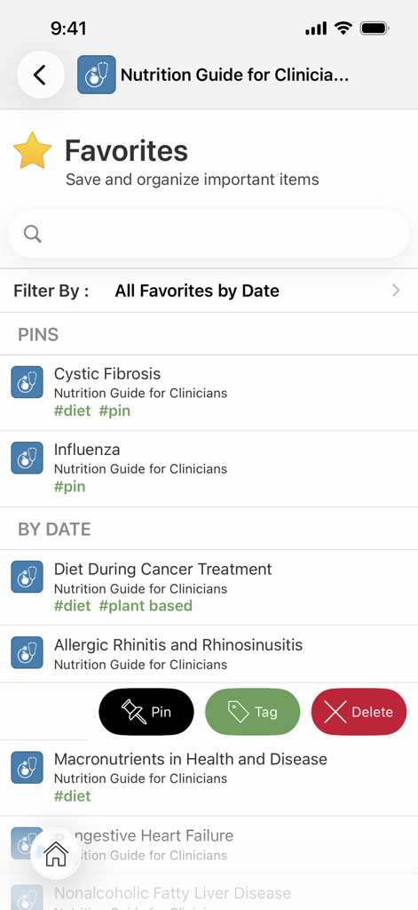 PCRM's Nutrition Guide - Screenshot of the PCRM Nutrition Guide app showing favorited medical conditions like Cystic Fibrosis and Influenza with tagging and pinning options